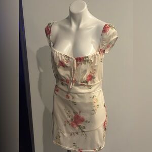 PrettyLittleThing Cream and Pink Floral Mesh Cap Sleeve Mini Dress